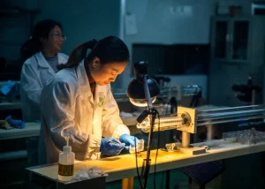 Precision CO2 Laser Tube Assembly and Inspection Technician carefully assembling and inspecting a CO2 laser tube during precision laser manufacturing.