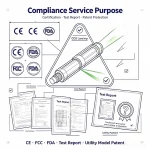 CO2 laser tube certifications showing CE, FCC, FDA compliance, test reports, and utility patents