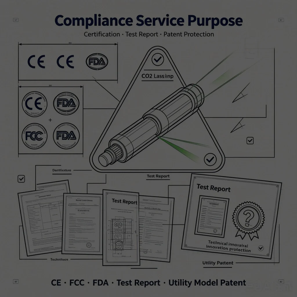 Home 19 CO2 laser tube compliance certificates including CE, FCC, FDA, test reports, and utility model patent