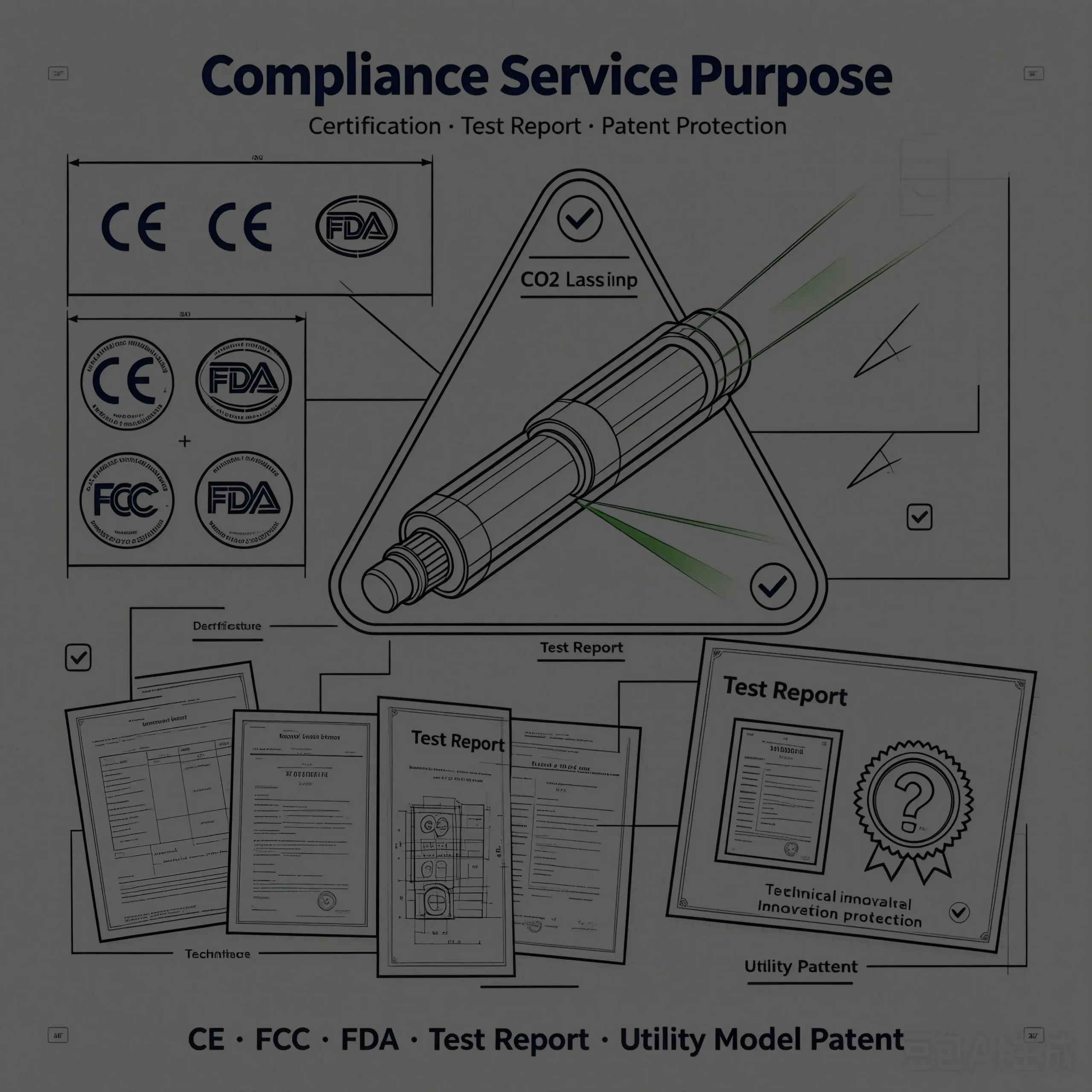 CO2 laser tube compliance certificates including CE, FCC, FDA, test reports, and utility model patent